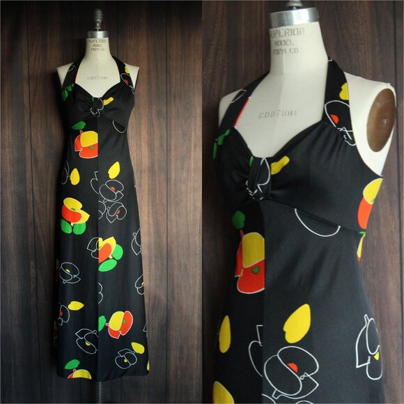 Vintage Dresses & Skirts - Vintage 1970s 1980s Dress, Joseph Magnin Maxidress, Primary Color Florals Halter